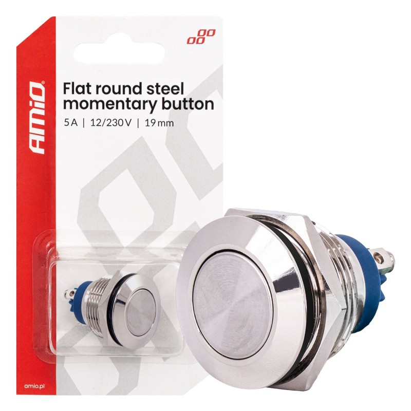 Pulsador plano de acero 19 mm, 5 A, 12/230 V