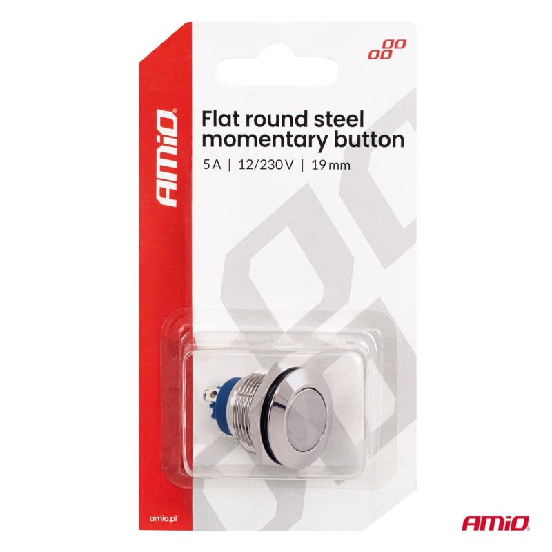 Pulsador plano de acero 19 mm, 5 A, 12/230 V
