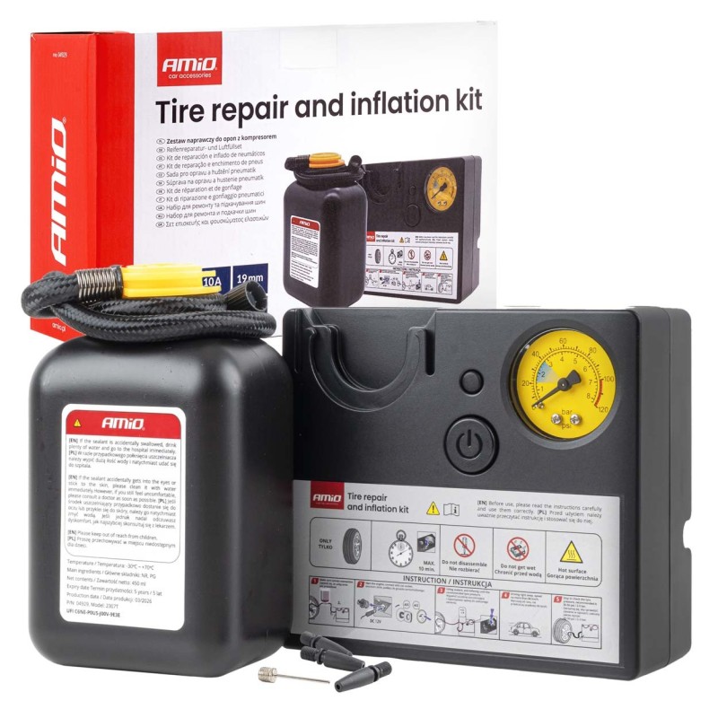 Kit de reparación e inflado de neumáticos 19mm 12V.