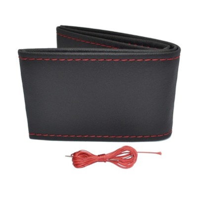 Funda de volante de cuero cosida negra con hilo rojo 38-39 mm