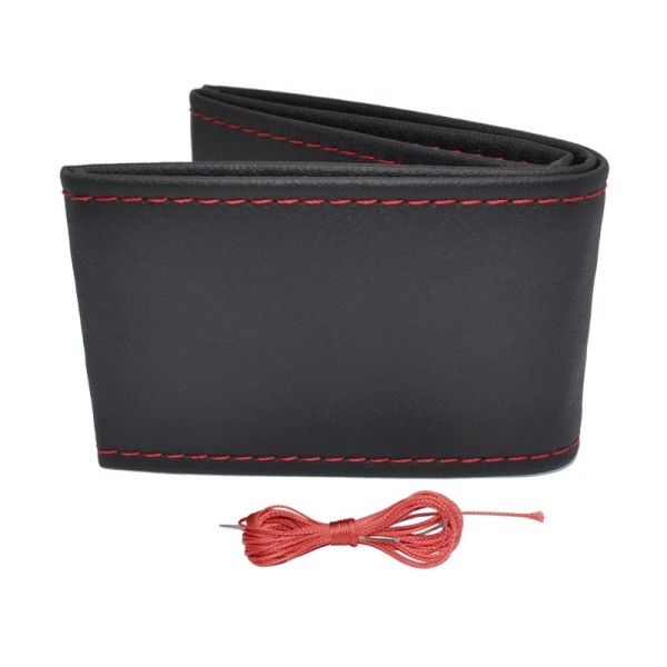 Funda de volante de cuero cosida negra con hilo rojo 38-39 mm