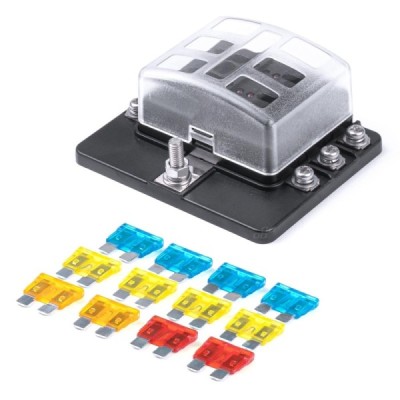 Caja de fusibles 6 vías con entrada negativa e indicador LED  + 12 fusibles