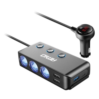 Conector mechero triple con 3 USB, 1 USB C y voltímetro 12v. / 24v