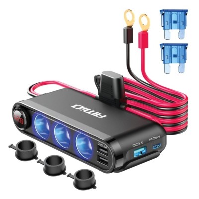 Duplicador de mechero triple con 3 USB, 1 USB C y voltímetro 12v / 24v.