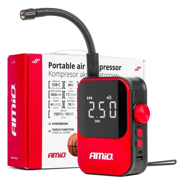 Compresor de aire con batería recargable y manómetro digital AMIO-03690