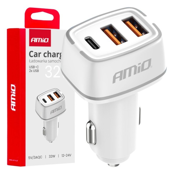 Cargador de mechero 2x USB-A + USB-C 32W 12/24V AMiO-03890