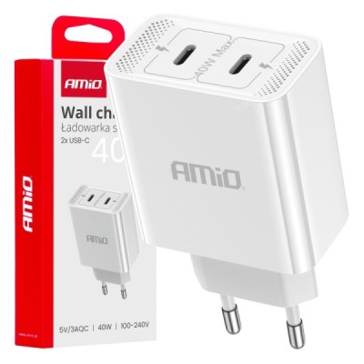 Cargador de 220v 2xUSB-C 40W carga rápida AMIO-03892