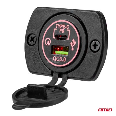 Base Cargador impermeable USB+USB-C 12/24 Voltios MOD-08