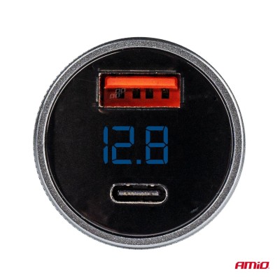 Cargador de mechero USB con voltímetro 38W PCH PRO-06 USB+USB-C 12/24V