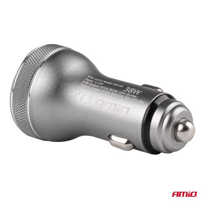 Cargador de mechero USB con voltímetro 38W PCH PRO-06 USB+USB-C 12/24V