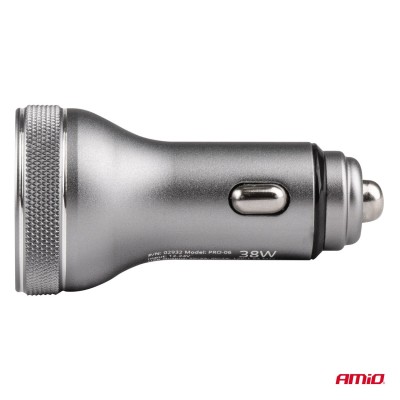 Cargador de mechero USB con voltímetro 38W PCH PRO-06 USB+USB-C 12/24V