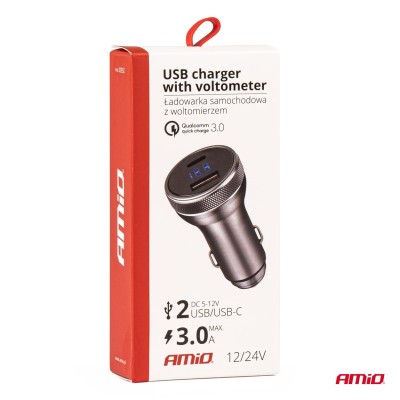 Cargador de mechero USB con voltímetro 38W PCH PRO-06 USB+USB-C 12/24V