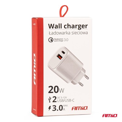 Cargador de pared PRO-09 USB+USB-C 20W Quick Charge 230V