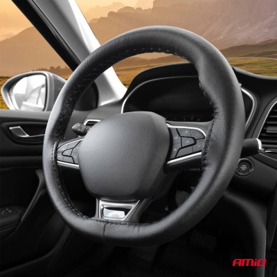 Funda de volante de cuero cosida color negro 38-39 mm