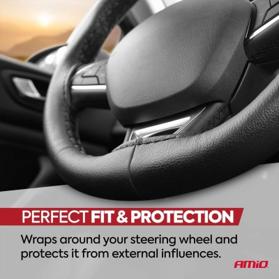 Funda de volante de cuero cosida color negro 38-39 mm