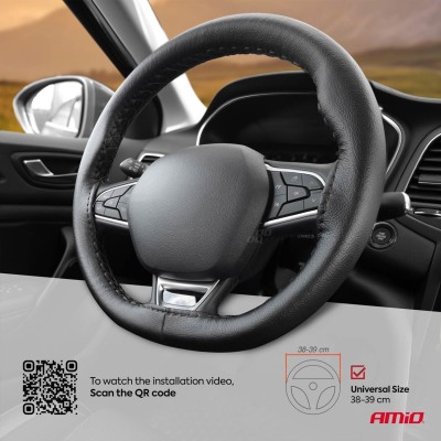 Funda de volante de cuero cosida color negro 38-39 mm