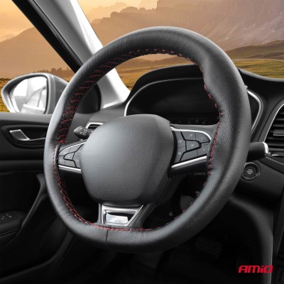 Funda de volante de cuero cosida negra con hilo rojo 38-39 mm