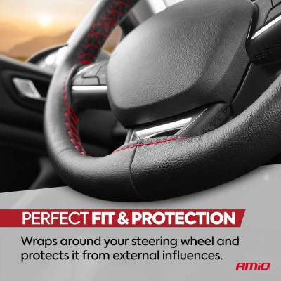 Funda de volante de cuero cosida negra con hilo rojo 38-39 mm