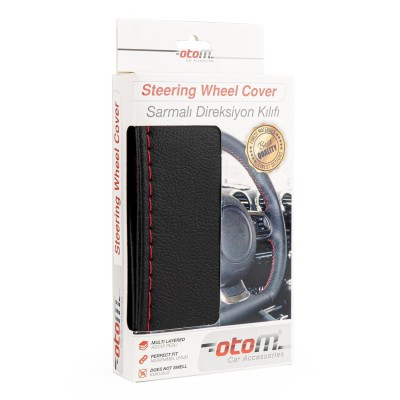 Funda de volante de cuero cosida negra con hilo rojo 38-39 mm