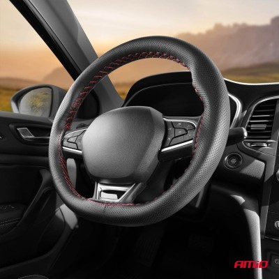 Funda volante de cuero perforado negra con hilo rojo 38-39 mm