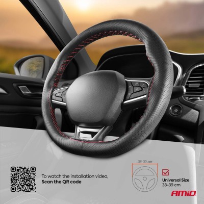 Funda volante de cuero perforado negra con hilo rojo 38-39 mm