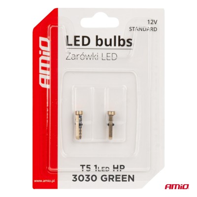 Bombillas LED T5 verde CANBUS 12V 3030 1LED HP AMIO-03729