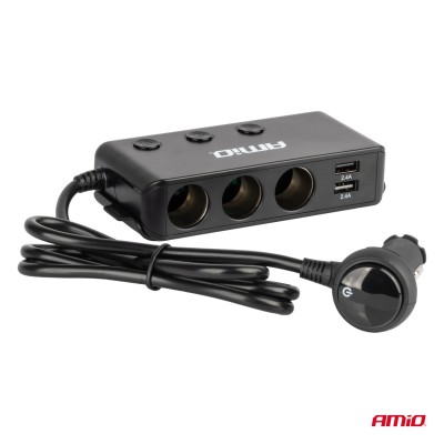Conector mechero triple con 3 USB, 1 USB C y voltímetro 12v. / 24v