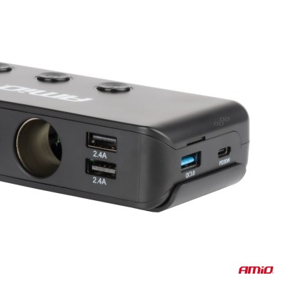Conector mechero triple con 3 USB, 1 USB C y voltímetro 12v. / 24v