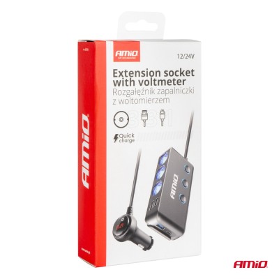 Conector mechero triple con 3 USB, 1 USB C y voltímetro 12v. / 24v