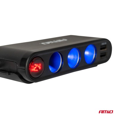 Duplicador de mechero triple con 3 USB, 1 USB C y voltímetro 12v / 24v.