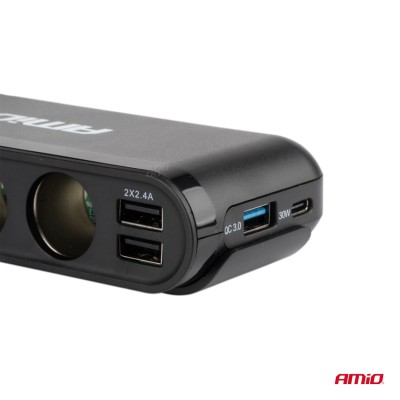 Duplicador de mechero triple con 3 USB, 1 USB C y voltímetro 12v / 24v.