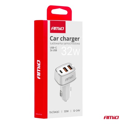 Cargador de mechero 2x USB-A + USB-C 32W 12/24V AMiO-03890