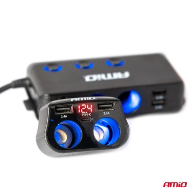 conector mechero doble y cargador 2xUSB 1xUSB C 12/24V máx. 200W AMIO-04173