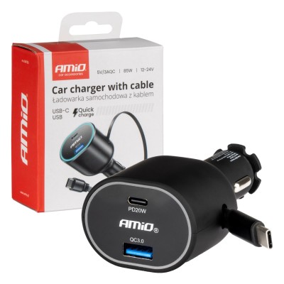 Cargador Rápido para Coche 3.0 con Cable Retráctil C 30W PD20W AMIO-04176