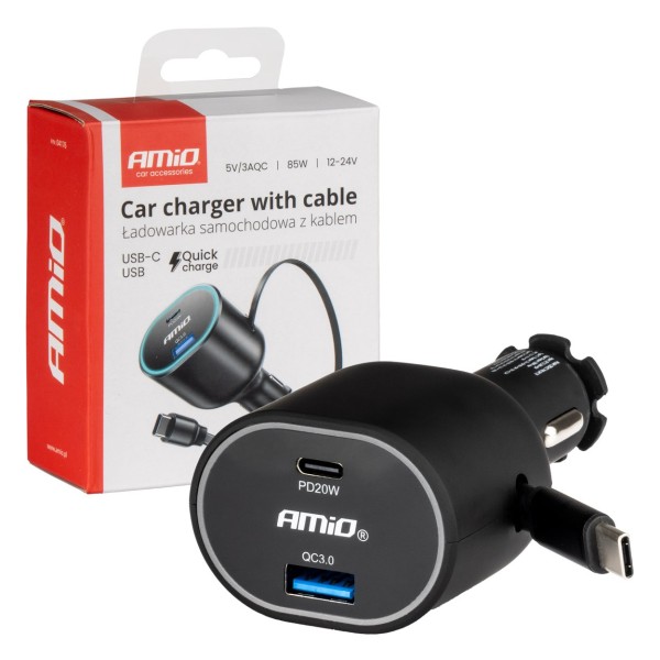 Cargador Rápido para Coche 3.0 con Cable Retráctil C 30W PD20W AMIO-04176