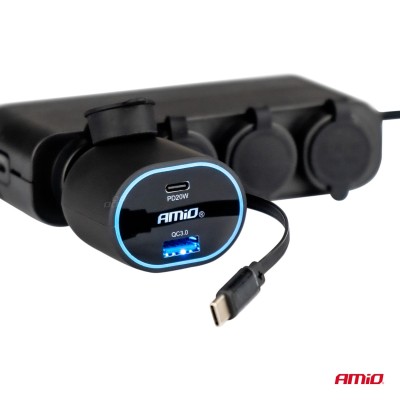 Cargador Rápido para Coche 3.0 con Cable Retráctil C 30W PD20W AMIO-04176