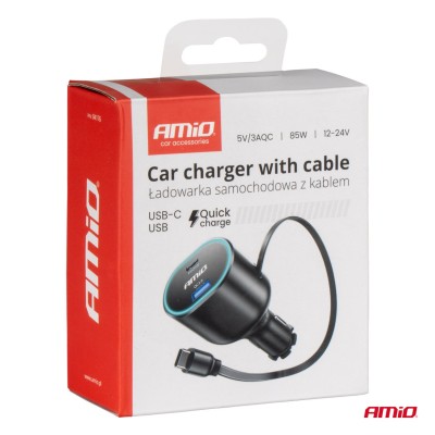 Cargador Rápido para Coche 3.0 con Cable Retráctil C 30W PD20W AMIO-04176