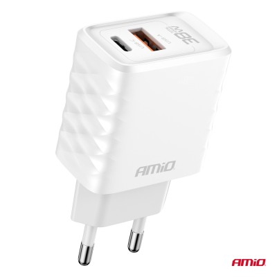 Cargador 220v. Carga Rápida 38W GaN USB-A + USB-C AMIO-04287