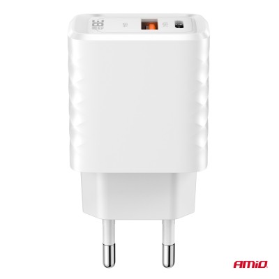 Cargador 220v. Carga Rápida 38W GaN USB-A + USB-C AMIO-04287