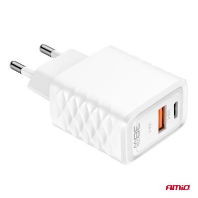 Cargador 220v. Carga Rápida 38W GaN USB-A + USB-C AMIO-04287