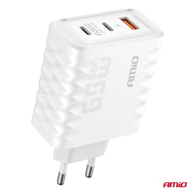 Cargador 220v. carga rápida 65W USB-A + 2xUSB-C AMIO-04289